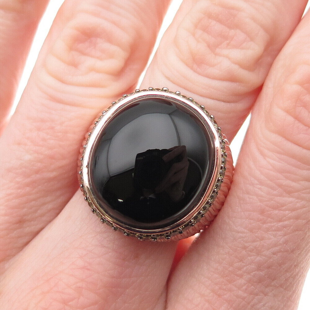Arzy 925 Sterling Silver Rose Gold Plated Real Black Onyx & C Z Ring Size 7.25